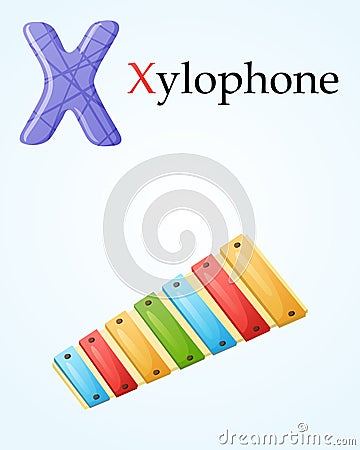 Kids banner with english alphabet letter X and cartoon image of children musical toy xylophone Vector Illustration