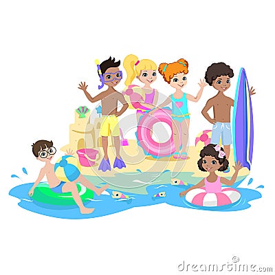 Happy kids play on the beach Vector Illustration