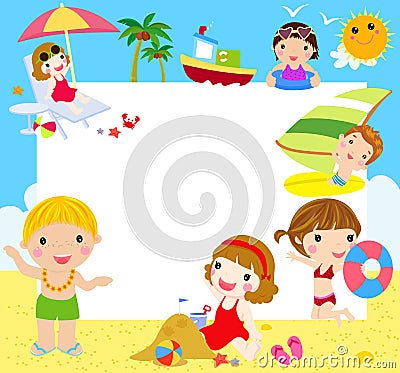 Kids at the Beach with banner Vector Illustration