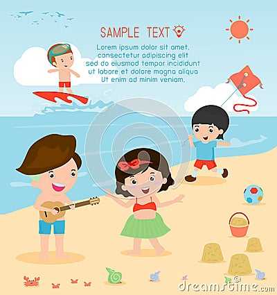 kids on the beach,children playing on the beach,children`s summer activities, Vector Illustration. Vector Illustration