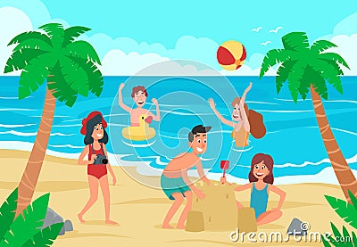 Kids beach. Happy childrens fun on sea shore sand beach, children sunbathing and swimming kid cartoon vector illustration Cartoon Illustration