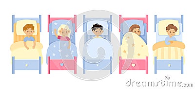 Kids in bed. Asleep children boys and girls rest and sleep under blankets at night bedtime in home or kindergarten Vector Illustration