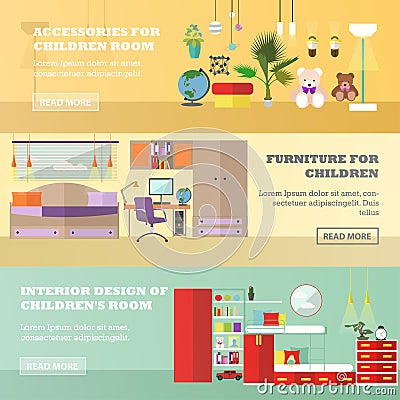 Kids bedroom interior banners in flat style. Vector illustration. House room design elements and icons Vector Illustration