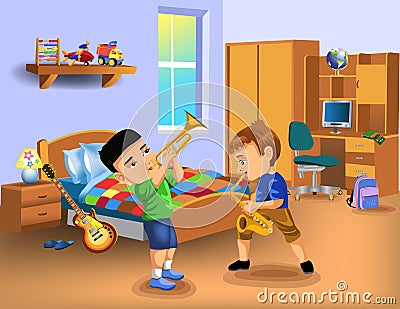 Kids bedroom with two boys playing instruments Vector Illustration