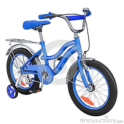 Kids Bicycle for boys with training wheels, blue color. 3D rendering Stock Photo