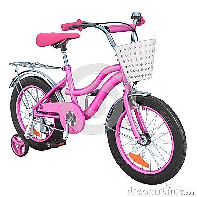 Kids Bicycle for girls with training wheels and basket, pink color. 3D rendering Stock Photo