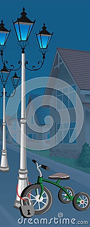 Kids bicycle locked to lamppost Cartoon Illustration