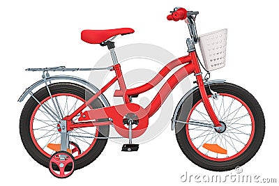 Kids Bicycle with training wheels and basket, red color. 3D rendering Stock Photo