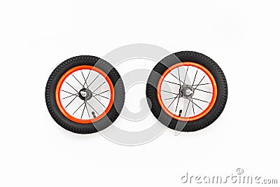 Kids bicycle wheels with spokes, white background Stock Photo