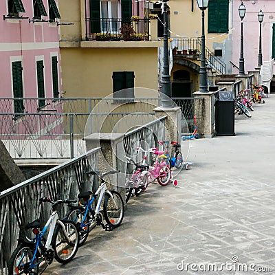 Kids bike parking, childhood Stock Photo