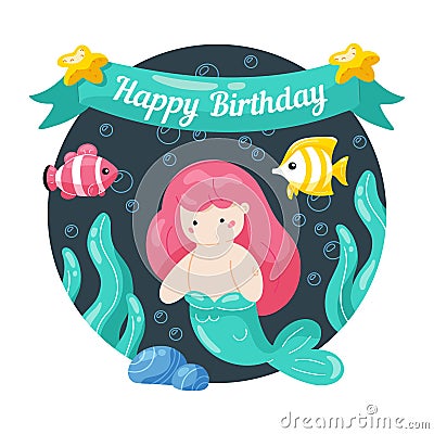 Kids birthday card with cute little mermaid and marine life in doodle styte. Kawaii characters mernaid, sea fish, seaweed Stock Photo