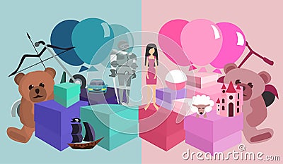 Kids birthday gifts pile, girls vs boys Vector Illustration