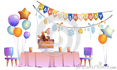 Kids birthday party decoration and festive cake Vector Illustration