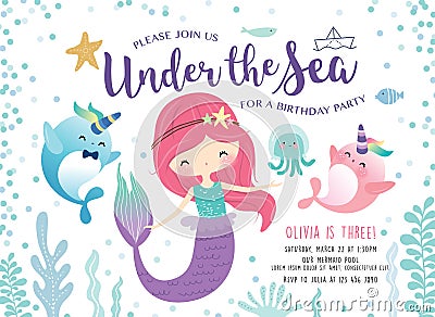 Kids under the sea birthday party invitation card Vector Illustration