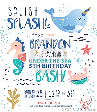 Kids under the sea birthday party invitation card Vector Illustration