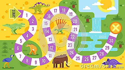 Kids board game with dinosaurs template. Vector Illustration