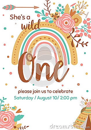 Kids boho invitation card. Wild one girl birthday invite. Pink boho rainbow, pink floral bouquet. Natural template Cartoon Illustration