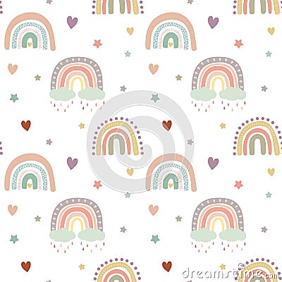 Kids boho pastel rainbow pattern with coluds, rain Vector Illustration