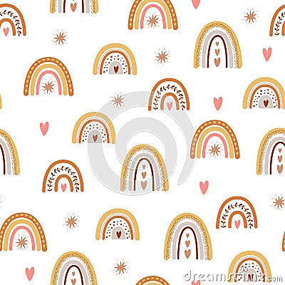 Kids boho rainbow pattern with modern pastel rainbows. Baby boho background Bohemian seamles pattern Cartoon Illustration