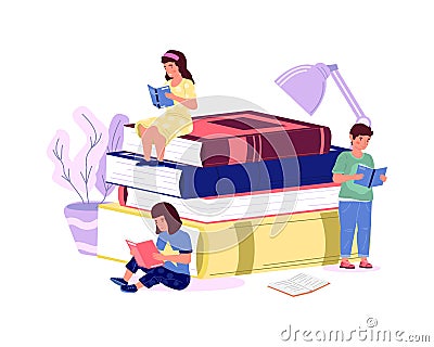 Kids with books. Cartoon boys and girls read. Home education concept. Smart pupils study or prepare school homework Vector Illustration