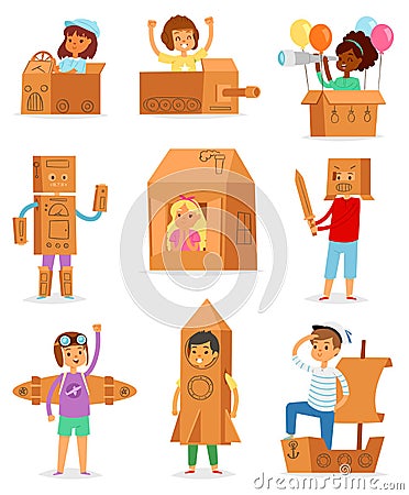 Kids in box vector creative children character playing in boxed house and boy or girl in carton plane or paper ship Vector Illustration