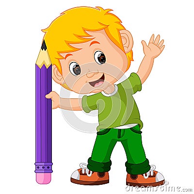 Kids boy with big pencil cartoon Vector Illustration