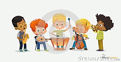 Kids Boy Orchestra Play Different Music Instrument Vector Illustration