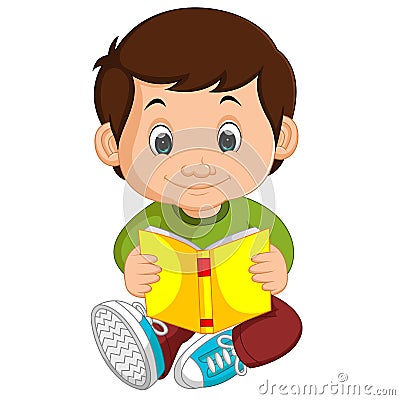 Kids boy reading book cartoon Vector Illustration