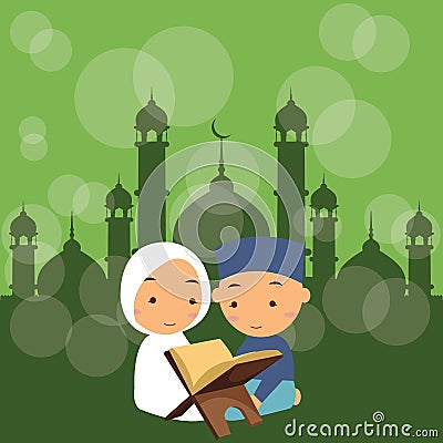 Kids boys and girls read holy quran qoran Islam in mosque Vector Illustration