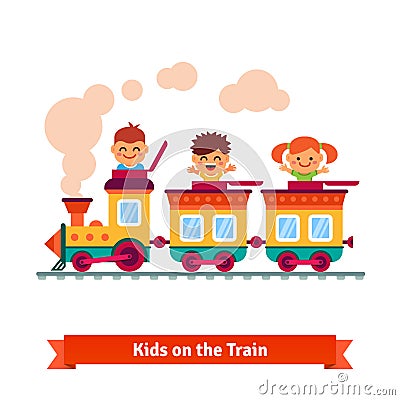 Kids, boys and girls riding on a cartoon train Vector Illustration