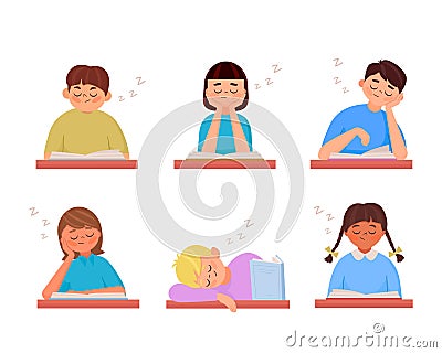 Kids boys and girls sleep with book in class set Vector Illustration