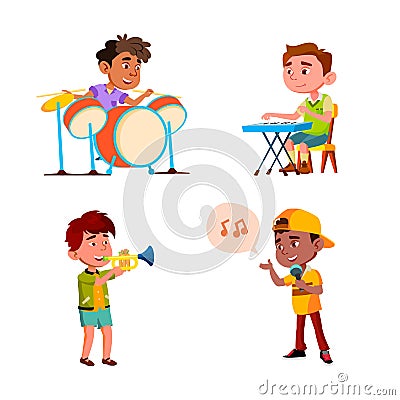 Kids Boys Playing In Music Orchestra Set Vector Vector Illustration