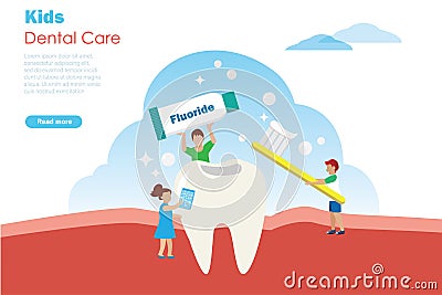 Kids brushing teeth. Boys and girl using fluoride brushing and cleaning teeth. Children dental and oral care concept. Vector Vector Illustration