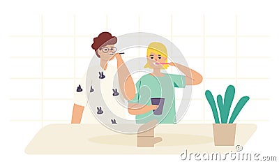 Kids Brushing Teeth, Brother and Sister Family Characters with Toothbrush and Paste Dental Hygiene Procedure, Routine Vector Illustration