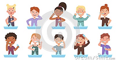 Kids brushing teeth, healthy habits for children dental health. Cute boys and girls tooth brushing routine vector Vector Illustration