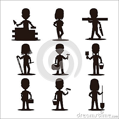 Kids builders characters silhouette vector illustration Vector Illustration