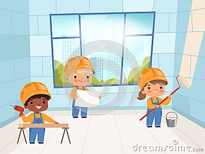 Kids builders. Funny young peoples constructors crane and brick wall making vector characters Vector Illustration