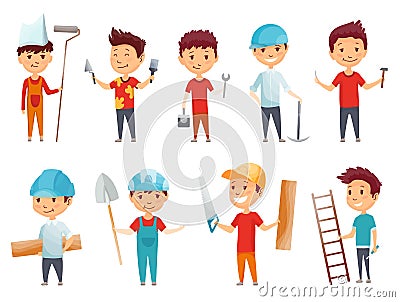 Kids builders. Little boys in builder work suit, children in construction helmet and engineering costumes. Little Vector Illustration