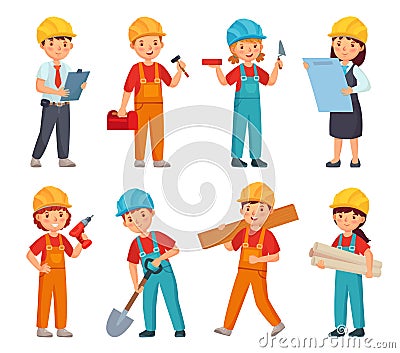 Kids builders. Little boys and girls in builder work suit, children in construction helmet and engineering costumes Vector Illustration