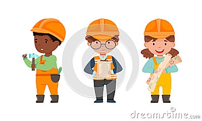 Kids builders set. Cute boy and girl wearing uniform and hardhats with professional tools cartoon vector illustration Vector Illustration