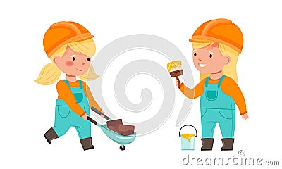 Kids builders set. Cute girls wearing overalls and hardhats with wheelbarrow and paint brush cartoon vector illustration Vector Illustration