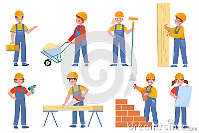 Kids builders. Young engineers in uniform and helmets, children professionals construction site, carpenter, and molar Vector Illustration