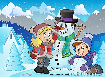 Kids building snowman theme image 2 Vector Illustration