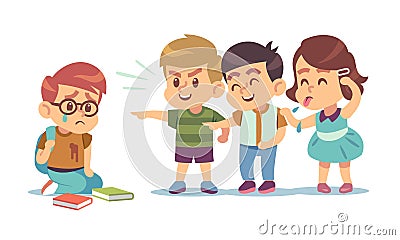 Kids bullying. Humiliation, mocking classmates. Discrimination, abuse and negative school communication social conflict Vector Illustration