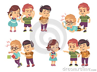 Kids bullying. Verbal and physical social conflict between children, battle abuse, quarrel and mocking classmate cartoon Vector Illustration