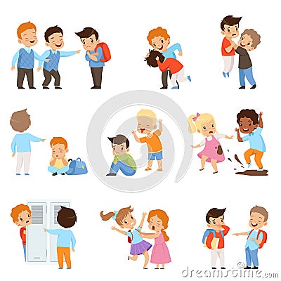 Kids bullying the weaks set, boys and girls mocking classmates, bad behavior, conflict between children, mockery and Vector Illustration