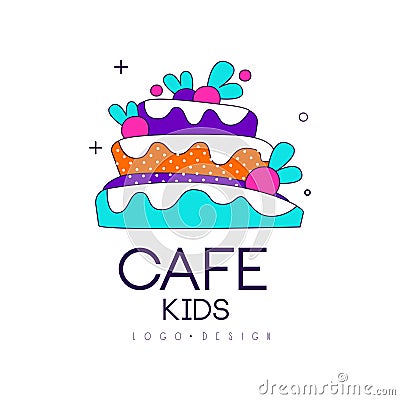 Kids cafe logo design, bright badge with cake, label for childrens and baby food vector Illustration on a white Vector Illustration