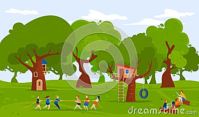 Kids camp forest nature, summer outdoor vector illustration, flat girl boy character play tug-of-war together, children Vector Illustration