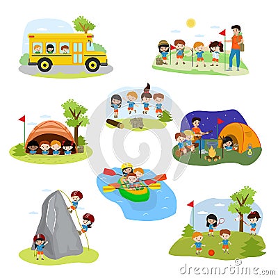 Kids camp vector children camper characters and camping activity on summer vacation illustration set of child playing in Vector Illustration