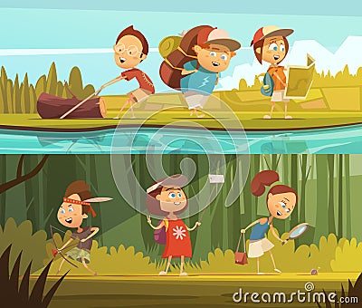 Kids Camping Banners Set Vector Illustration